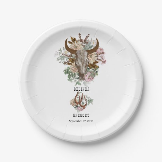 Western Land Cowboy Boho Koe Schedel Huwelijk Papieren Bordje (Voorkant)