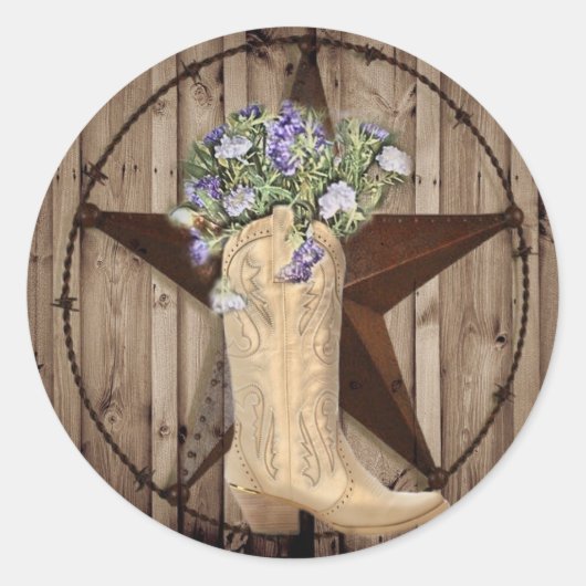 western land cowboy met bijtende schuur- en bosblo ronde sticker (Voorkant)
