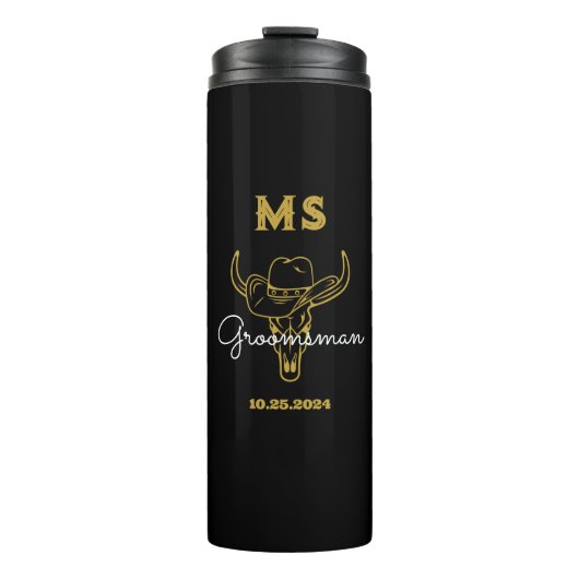 Western land Cowboy Weddenschap Monogram Groomsmen Thermosbeker (Voorkant)