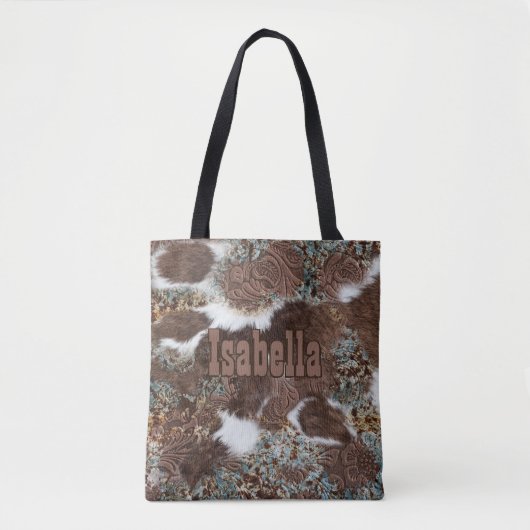 Western Land Cowgirl Koeienhuid Bruin Lederen naam Tote Bag (Voorkant)