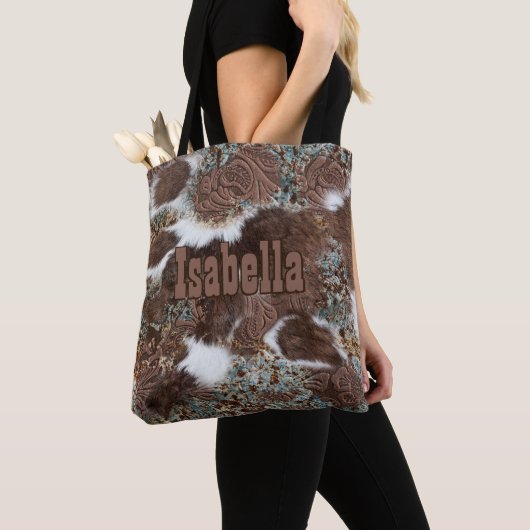 Western Land Cowgirl Koeienhuid Bruin Lederen naam Tote Bag (Dichtbij)