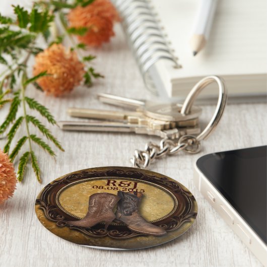 western land in nood, cowboy bruiloft gunst sleutelhanger (Zijkant)