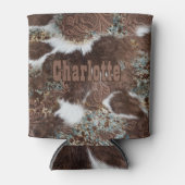 Western Land Koeienhuid Bruin Leer Naam Blikjeskoeler (Voorkant)