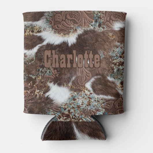 Western Land Koeienhuid Bruin Leer Naam Blikjeskoeler (Voorkant)