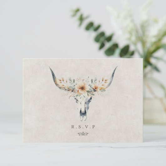 Western land longhorn bruiloft maaltijd keuzes RSV RSVP Kaartje (Staand voorkant)