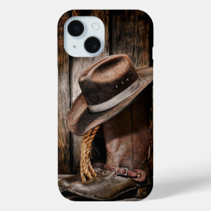 western land met bruine schuur en cowboylaarzen iPhone 15 case