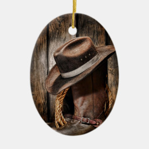western land met bruine schuur en cowboylaarzen keramisch ornament