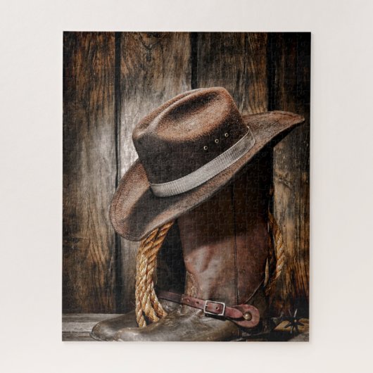 western land met bruine schuur en cowboylaarzen legpuzzel (Verticaal)