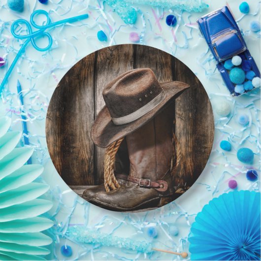 western land met bruine schuur en cowboylaarzen papieren bordje (Feest)