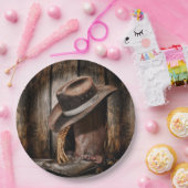 western land met bruine schuur en cowboylaarzen papieren bordje (Feest)