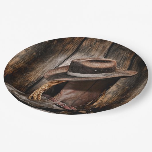 western land met bruine schuur en cowboylaarzen papieren bordje (Gekanteld)