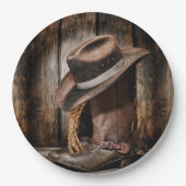 western land met bruine schuur en cowboylaarzen papieren bordje (Voorkant)