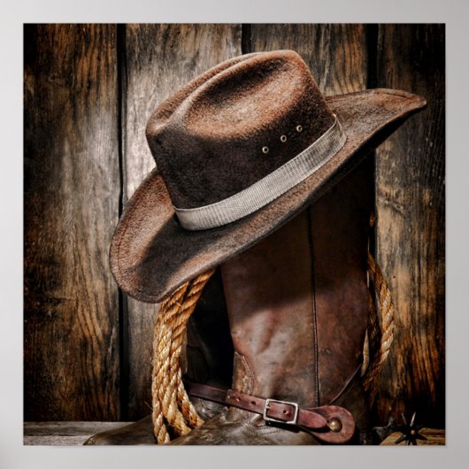 western land met bruine schuur en cowboylaarzen poster (Voorkant)