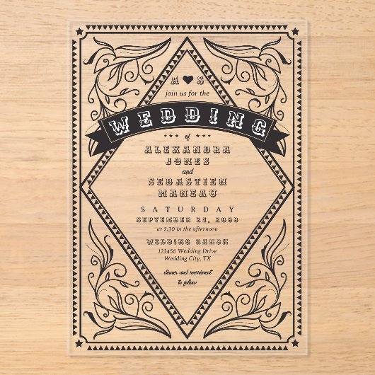 Western Land QR Code Rustieke Bruiloft Acryl Uitnodigingen (Voorkant)