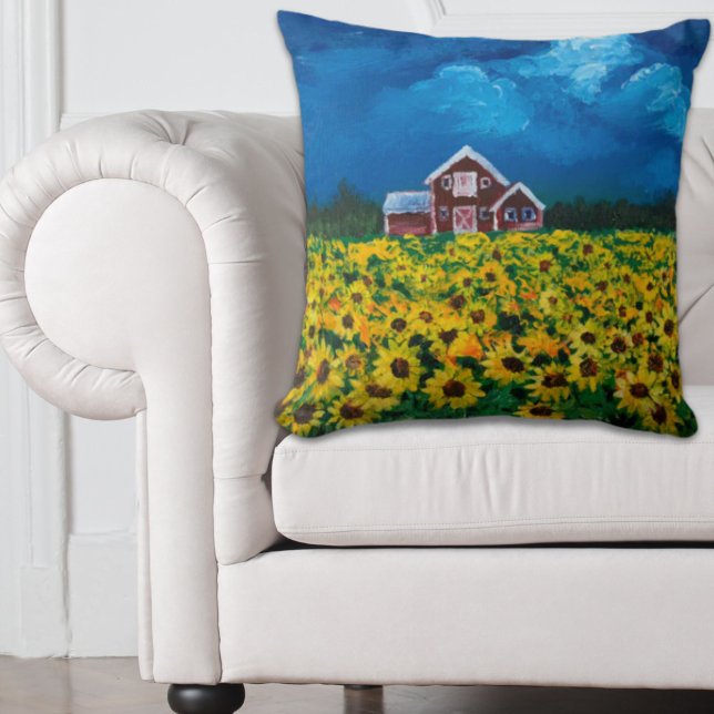 western land - roodbaars zomerzonnebloem kussen (western country red barn summer sunflower field throw pillow)