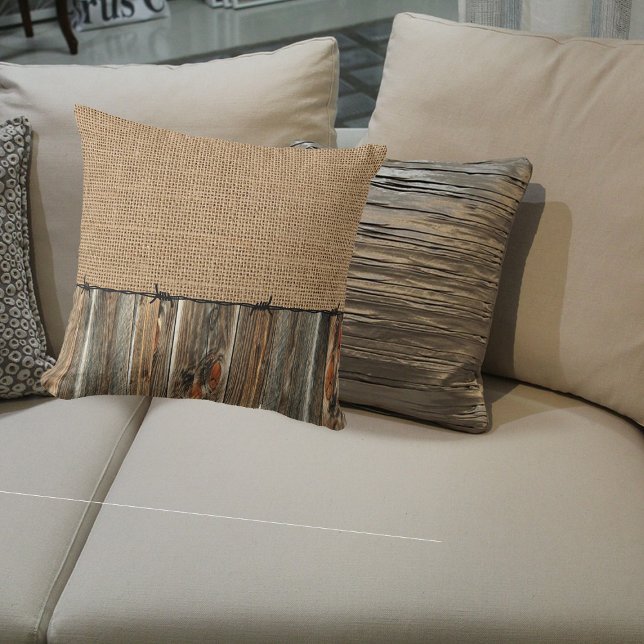Western Land Rusti Burlap Schuur Hout Prikkeldraad Kussen (Creator heeft geüpload)