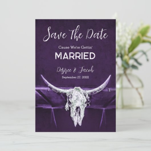 Western Land Rustiek Donker Paarse Bull Skull Save The Date (Staand voorkant)
