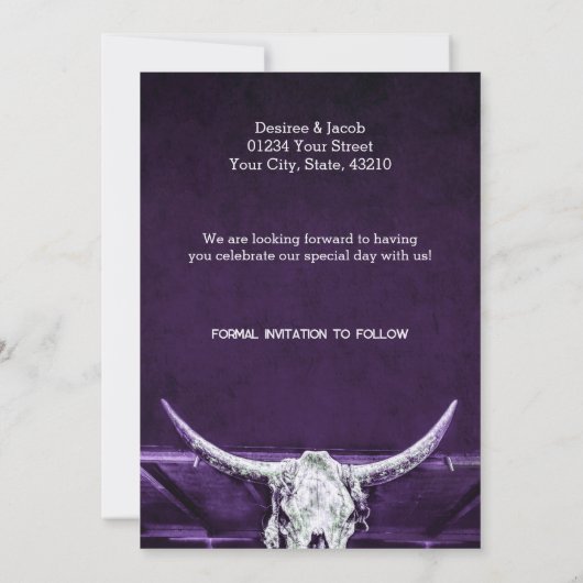 Western Land Rustiek Donker Paarse Bull Skull Save The Date (Achterkant)