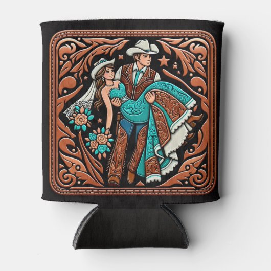 Western lederen print bruiloft bruid bruidegom op  blikjeskoeler (Voorkant)