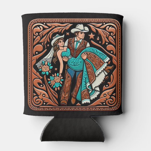 Western lederen print bruiloft bruid bruidegom op  blikjeskoeler (Achterkant)