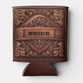 Western lederen print bruin bruiloft bruid op maat blikjeskoeler (Voorkant)