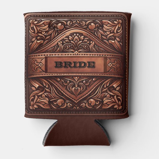 Western lederen print bruin bruiloft bruid op maat blikjeskoeler (Voorkant)