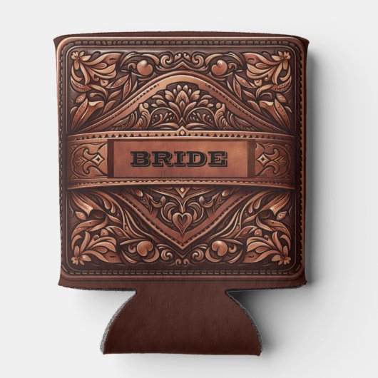 Western lederen print bruin bruiloft bruid op maat blikjeskoeler (Achterkant)