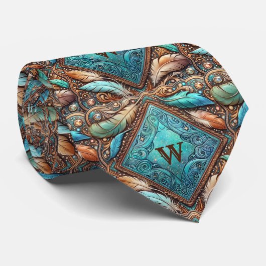 Western lederen print en veren aangepaste Initiaal Stropdas (Opgerold)