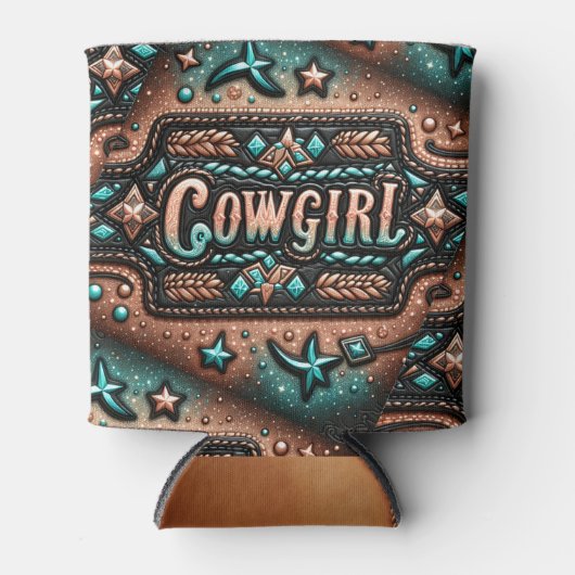 Western lederen print turquoise bruin cowgirl blikjeskoeler (Voorkant)