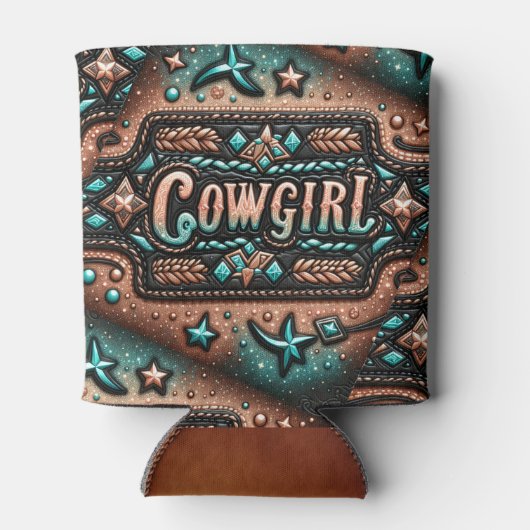 Western lederen print turquoise bruin cowgirl blikjeskoeler (Achterkant)