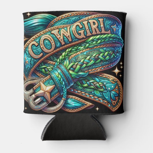 Western lederen print turquoise vlecht cowgirl blikjeskoeler (Voorkant)