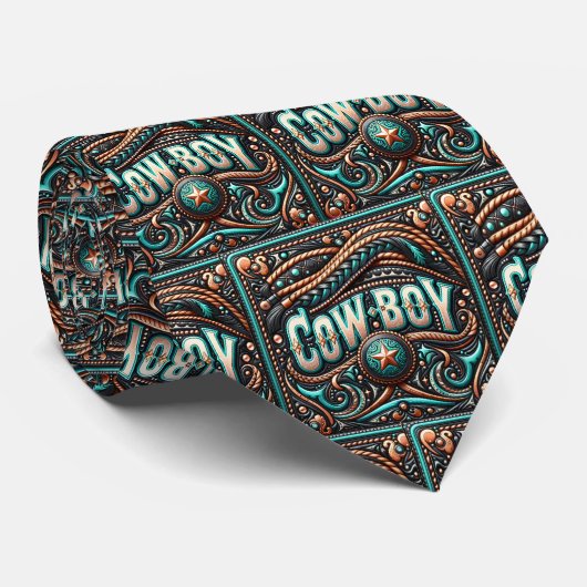 Western lederen vlecht en turquoise print cowboy stropdas (Opgerold)