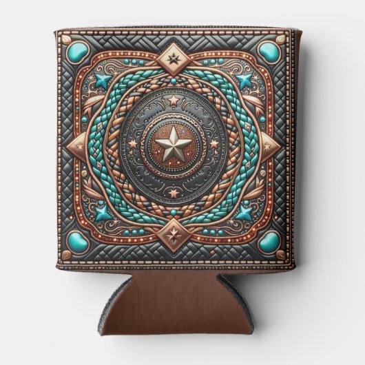 Western lederen vlecht en turquoise print op maat blikjeskoeler (Voorkant)