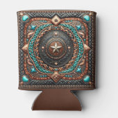 Western lederen vlecht en turquoise print op maat blikjeskoeler (Achterkant)