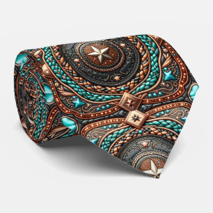 Western lederen vlecht en turquoise print stropdas