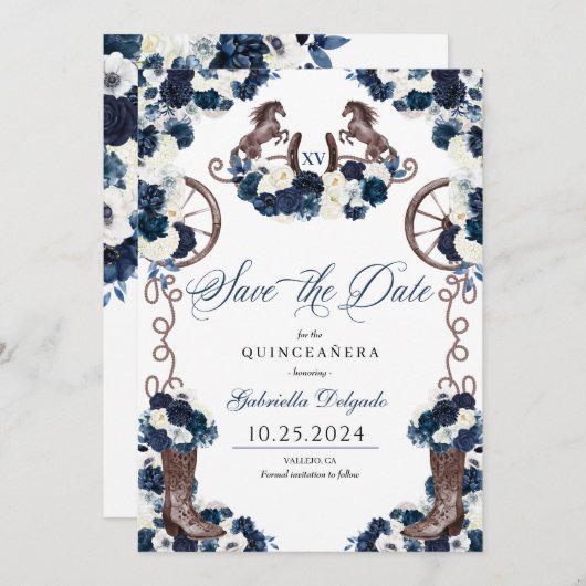 Western marineblauw charro bewaar de datum quincea kaart (Voorkant / Achterkant)