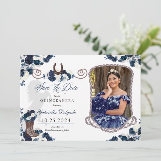 Western marineblauw quinceañera bewaar de datum fo kaart (Staand voorkant)