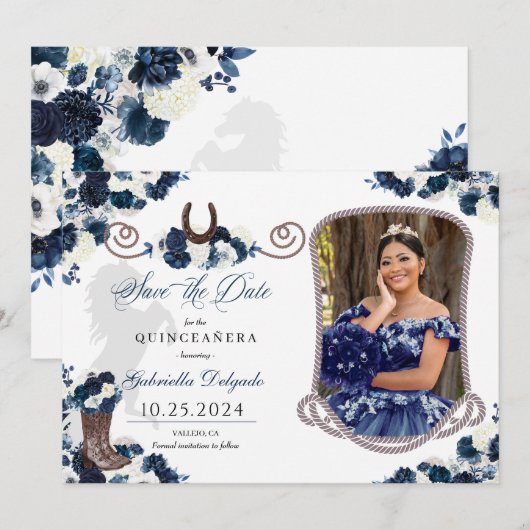 Western marineblauw quinceañera bewaar de datum fo kaart (Voorkant / Achterkant)