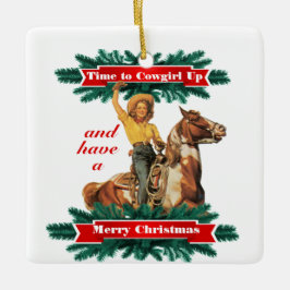 Western  meisje met prettige kerst keramisch ornament