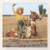  Western meisje op paarden Glazen Onderzetter (Voorkant)