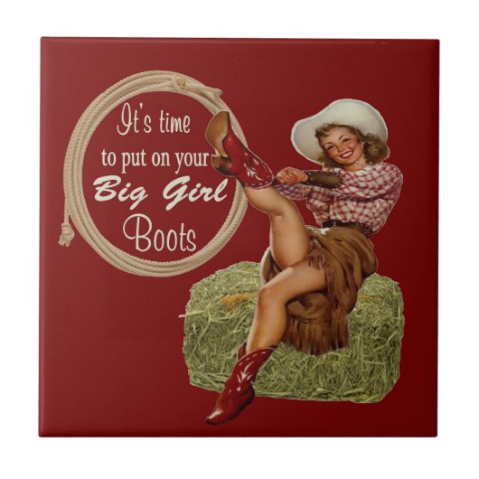  Western meisje zet Big Girl Boots aan Tegeltje (Voorkant)