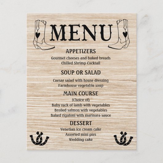 Western Menu Land Weddenschap Cowboy Boots Wood (Voorkant)