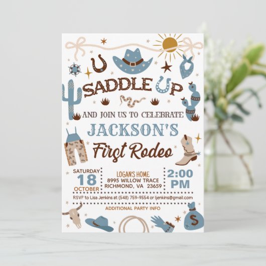 Western mijn eerste Rodeo verjaardagsjongen (blauw Kaart (Staand voorkant)