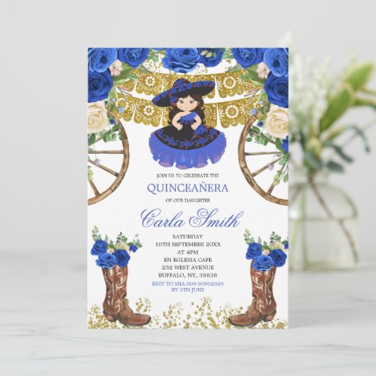 Western Navy Blue en Gold Charra 15 Anos Kaart (Staand voorkant)