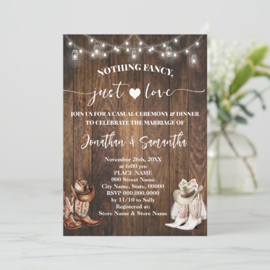 Western Niets Fancy Gewoon Liefde Casual Bruiloft Kaart (Staand voorkant)