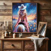 Western Night Cowgirl painted print Perfect Poster