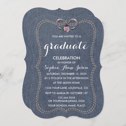 Western oud Denim Hoefijzer AFSTUDEREN Uitnodigen Kaart (Voorkant / Achterkant)