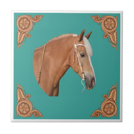 Western palominopaard met lederhoeken tegeltje (Voorkant)