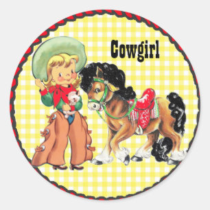 Western partijmeisje met paardenSticker Ronde Sticker