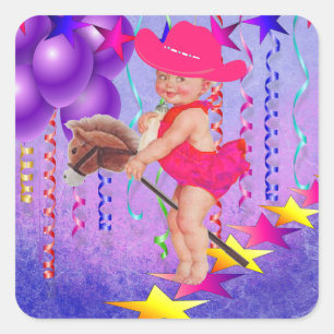 Western Party Baby Cowgirl Op Stick Horse Vierkante Sticker
